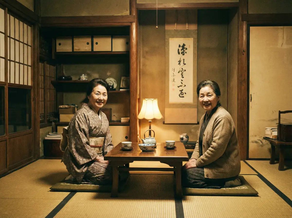 两位优雅的 熟女 在日式茶室中品茶交谈